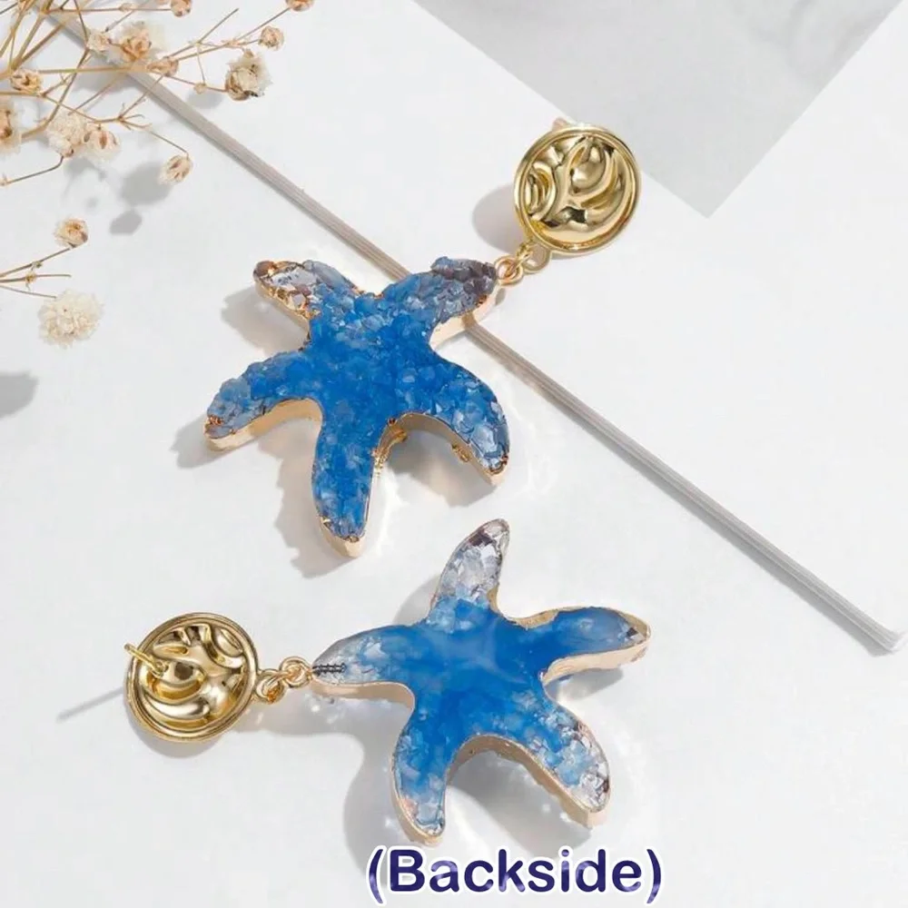 “Blue Druzy Starfish” Gold Dipped Geode Ocean Sea Marine Tropical Steel Earrings - Picture 7 of 11